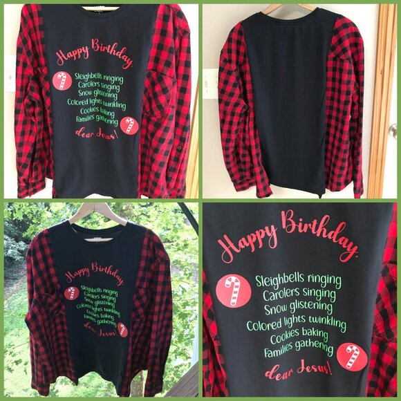 Plaid Flannel Shirt Upcycle, Size L XL 2XL: Oversized Christmas Graphic T-Shirt - Picture 7 of 7